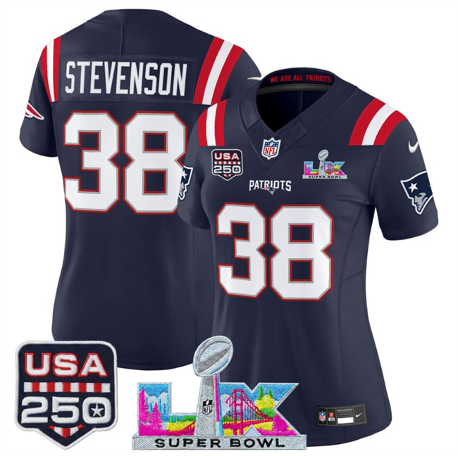 Women's New England Patriots #38 Rhamondre Stevenson Navy 2025 F.U.S.E. Super Bowl LX Patch And USA 250' Patch Vapor Limited Football Stitched Jersey(Run Small)